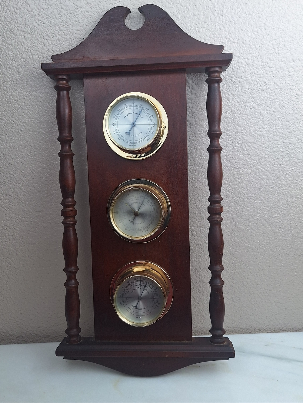 Vintage Springfield Wood Weather Station Thermometer Barometer Humidity 21x10